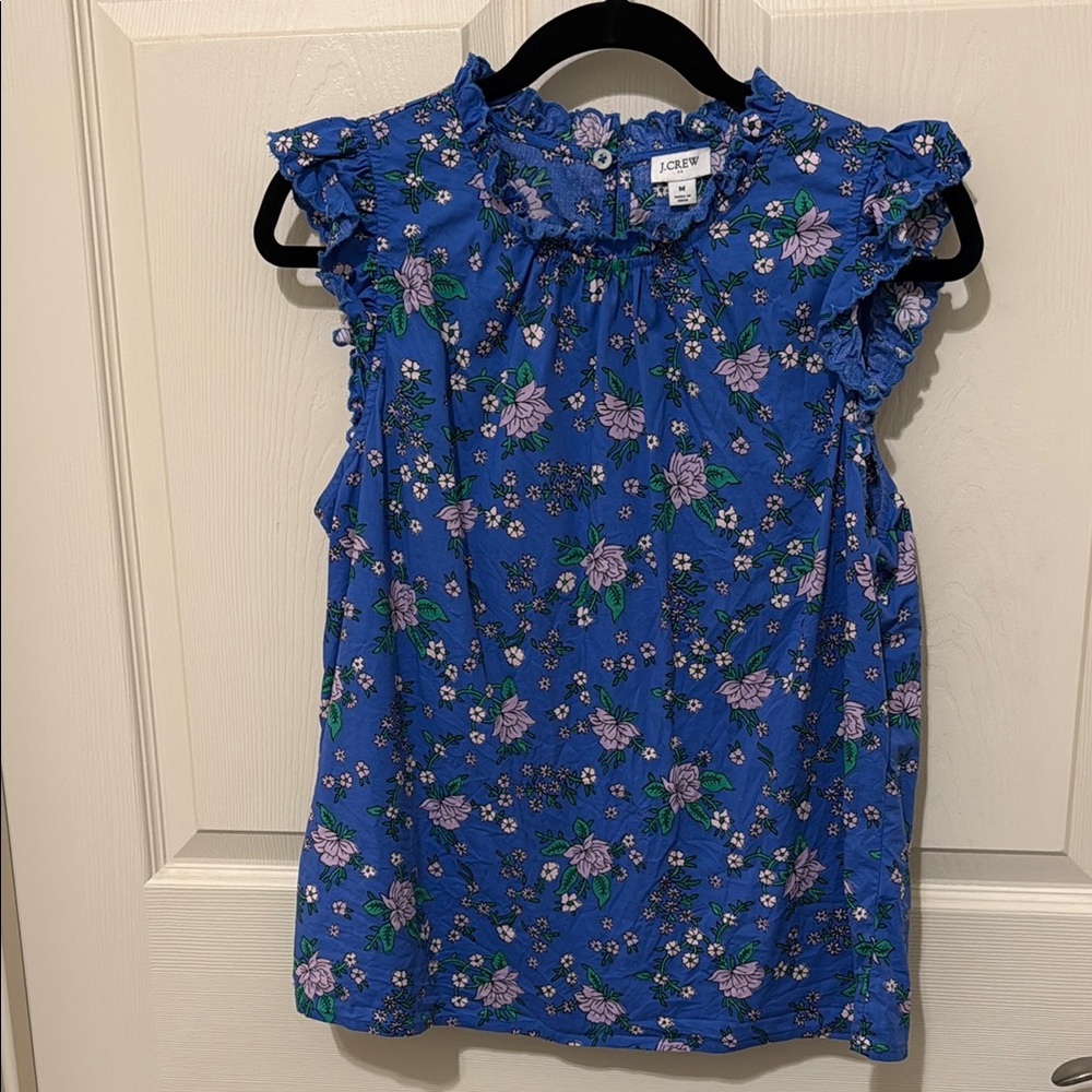 J. Crew Blue and Purple Floral Ruffle Top